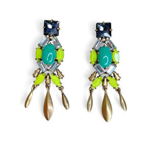 Stella & Dot Jardin Chandeliers Statement Earrings Green Neon Yellow Rhinestone‎